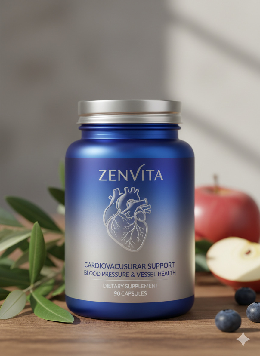 Zenvita food supplement bottle standing on a neutral surface under even light